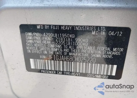 2012 Subaru Impreza 2.0I Limited z USA, uszkodzony, nr VIN JF1GJAH68CH025220